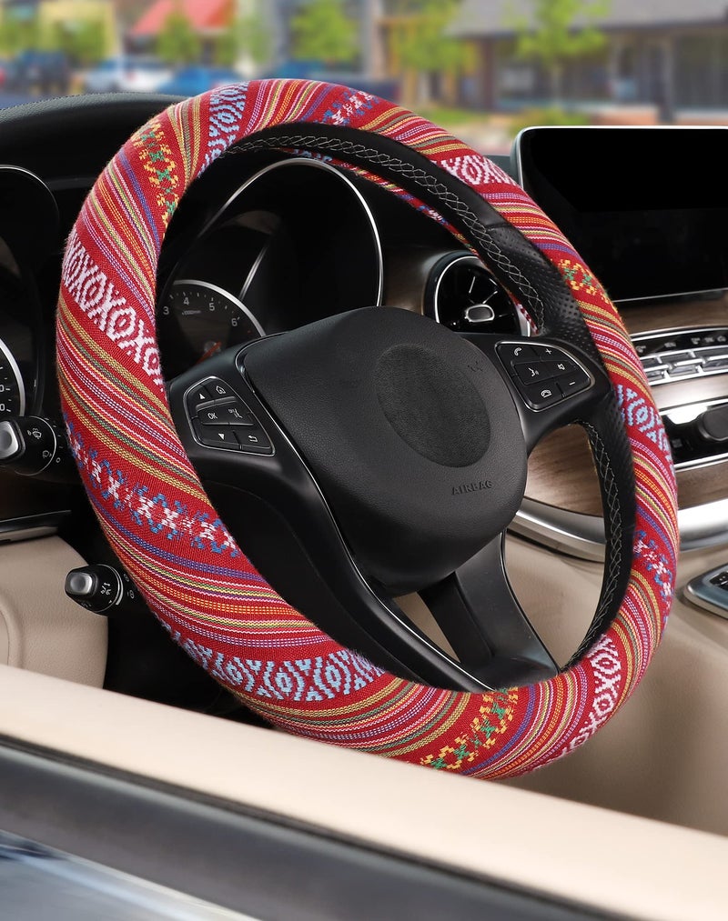 SEG Direct Boho Steering Wheel Cover with Baja Blanket Cloth  Ethnic Style Auto Wheel Cover Made of Coarse Flax  Fits 14 1/2-15 1/4 inches Car Wheel - Image 5